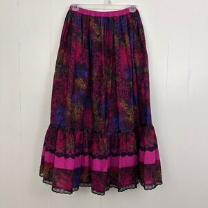 Carefree Fashions Pink Purple Damask Lace Trim Tiered Cotton Maxi Skirt USA Made